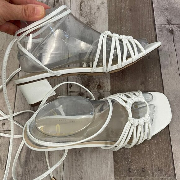 Lulu's Lace-up Strappy White Sandals Size 8.5 M Square Toe Low Block Heel - Picture 6 of 13